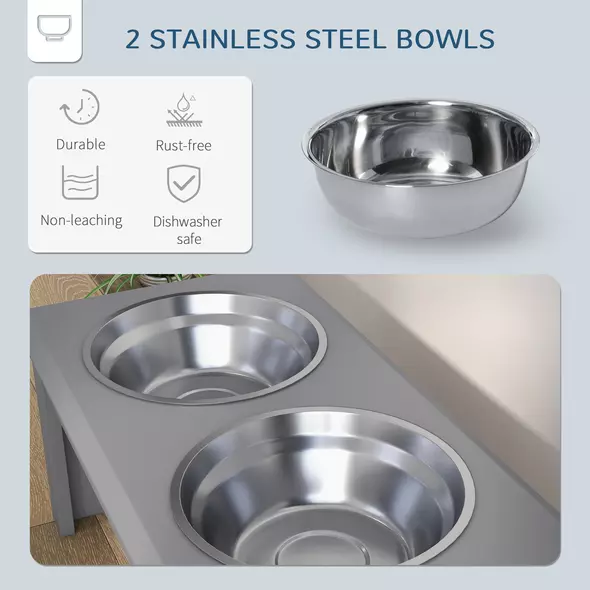 PawHut Raised Dog Feeding Bowls with Stand, Stainless Steel for Medium Dog, 58L x 31W x 25H cm - Grey - 5