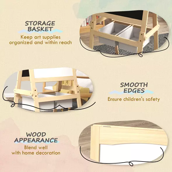 AIYAPLAY Kids Easel with Paper Roll, 3 in 1 Art Easel for Toddlers, Double-Sided Kids Whiteboard Blackboard with Storage Baskets for Ages 3-6 Years - Natural Wood Finish - 5