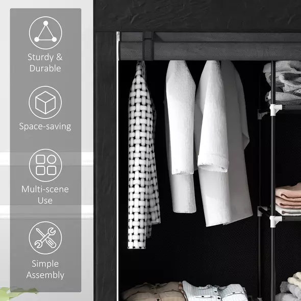 HOMCOM Fabric Wardrobe, Portable Wardrobe with 6 Shelves, 1 Hanging Rail, Foldable Closets, 103 x 43 x 162.5 cm, Black - 6
