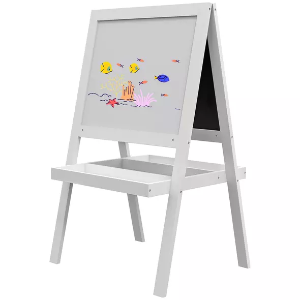 AIYAPLAY Kids Easel, Art Easel with Double Sided Whiteboard, Chalkboard, Storage, 2 in 1 Standing Easel for Toddlers 18-48 Months, White - 1