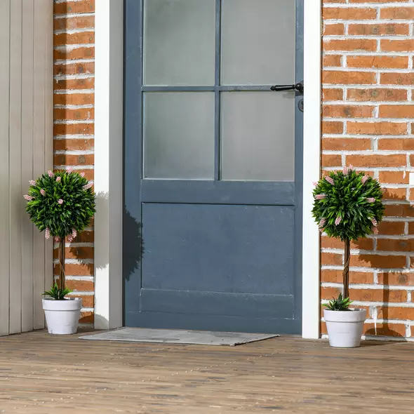 HOMCOM Set of 2 Decorative Artificial Plants Ball Trees with Flower for Home Indoor Outdoor Decor, 60cm ,Pink - 2