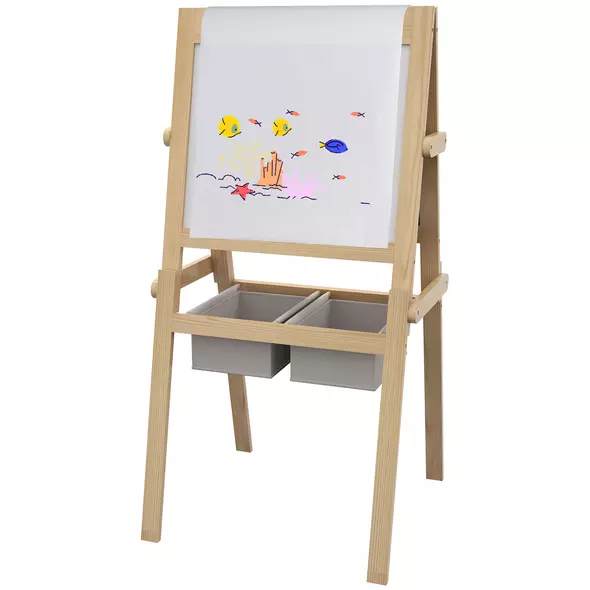 AIYAPLAY Kids Easel with Paper Roll, 3 in 1 Art Easel for Toddlers, Double-Sided Kids Whiteboard Blackboard with Storage Baskets for Ages 3-6 Years - Natural Wood Finish - 1