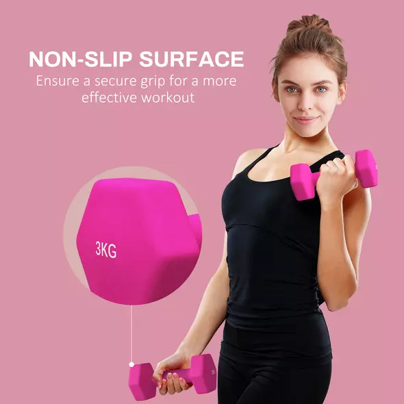 SPORTNOW 2 x 3kg Hexagonal Dumbbells Weights Set with Non-Slip Grip for Home Gym Workout, Pink - 6