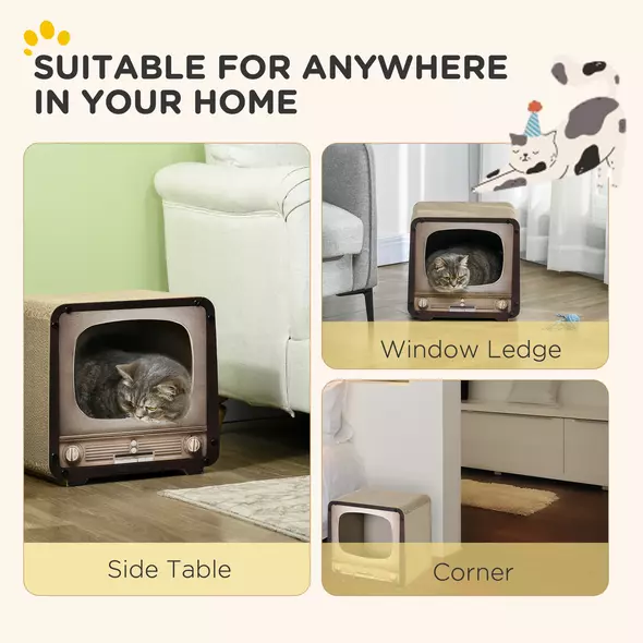 PawHut 2 in 1 TV Shape Cat Scratching Board House with Catnip, for Indoor Cats, Brown - 4