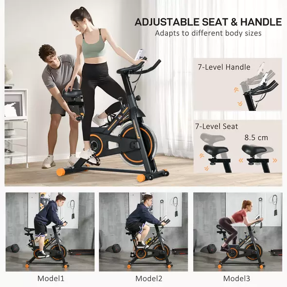 HOMCOM Exercise Bike, Indoor Cycling, with LCD Display, Heart Rate, Sensor - Black and Orange - 6