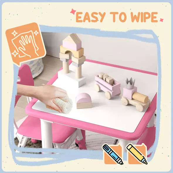 AIYAPLAY Height Adjustable Toddler Table and Chair Set, 3-Piece Children Activity Table w/ 2 Chairs for Playroom, Bedroom - Pink - 6