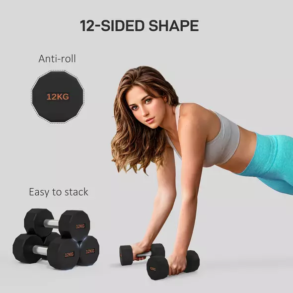 SPORTNOW Dumbbells Weights Set with 12-Sided Shape and Non-Slip Grip for Men Women Home Gym Workout, 2 x 12kg - 4