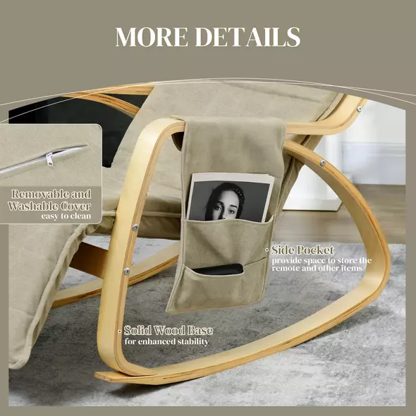 HOMCOM Rocking Lounge Chair Recliner Relaxation Lounging Relaxing Seat with Adjustable Footrest, Side Pocket and Pillow, Khaki - 6