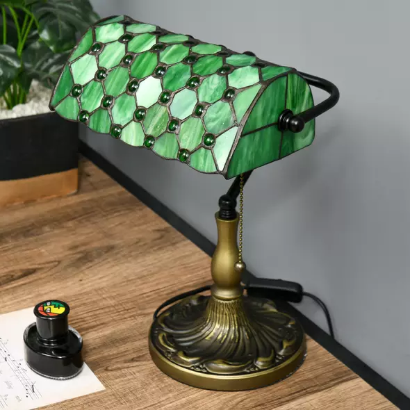HOMCOM Stained Glass Table Lamp, Vintage Lamp with Green Handmade Shade, Metal Base, Antique Bedside Lamp for Bedroom Living Room Home Decoration - 6