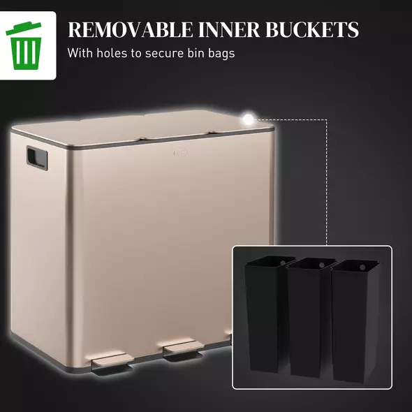 HOMCOM 45L Triple Compartment Stainless Steel Bin, with Deodoriser Holders - Gold Tone - 7