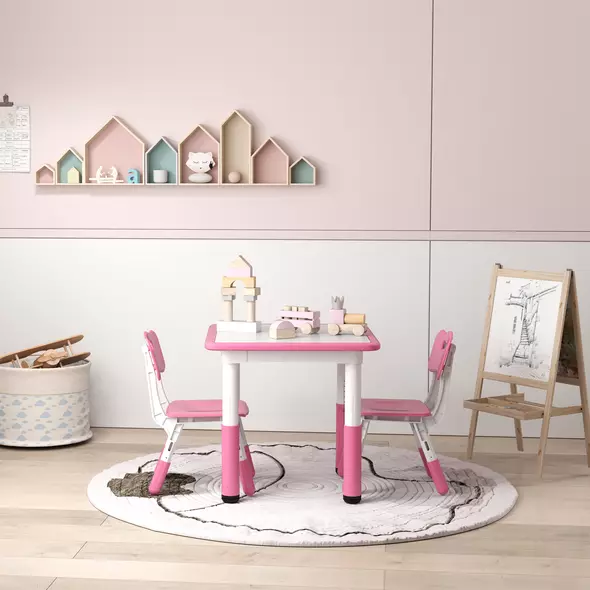 AIYAPLAY Height Adjustable Toddler Table and Chair Set, 3-Piece Children Activity Table w/ 2 Chairs for Playroom, Bedroom - Pink - 8