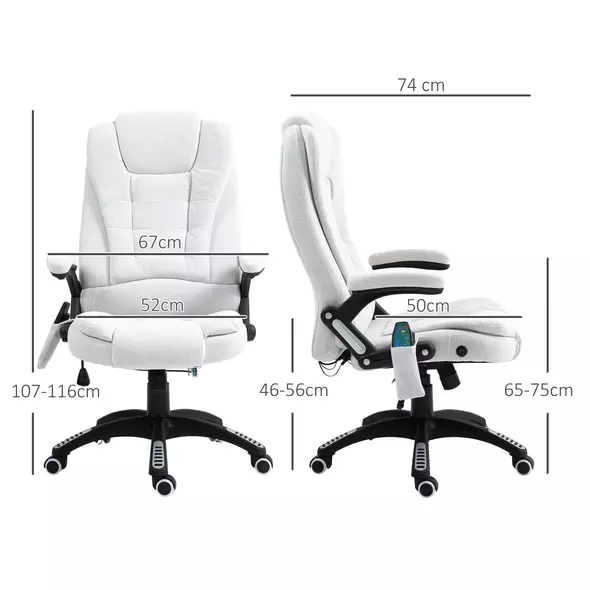 Vinsetto Massage Recliner Chair Heated Office Chair with Six Massage Points Linen-Feel Fabric 360° Swivel Wheels Cream White - 3