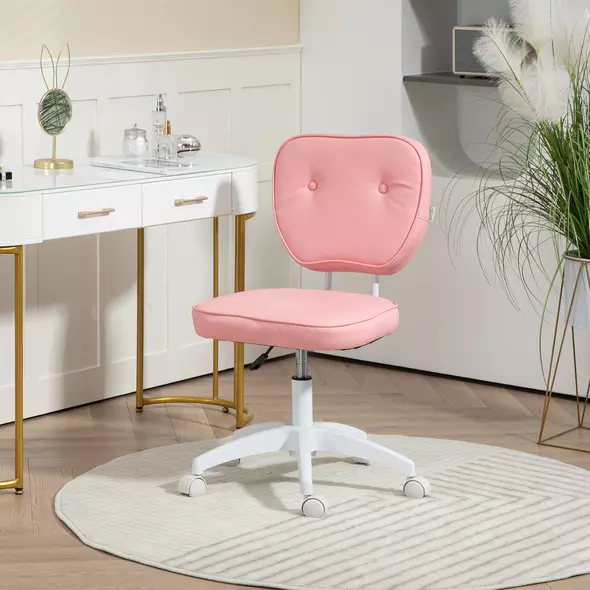 Vinsetto Vanity Office Chair, PU Leather Computer Chair for Home, with Adjustable Height, Armless, Swivel Wheels, Pink - 2