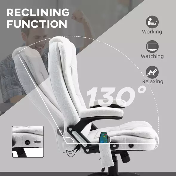 Vinsetto Massage Recliner Chair Heated Office Chair with Six Massage Points Linen-Feel Fabric 360° Swivel Wheels Cream White - 7