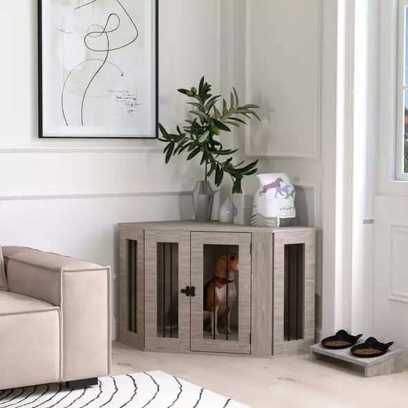 PawHut Dog Crate Furniture Side Table, with Cushion, 104 x 55 x 63cm - Walnut Brown - 2