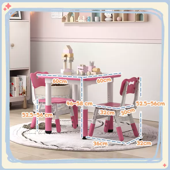 AIYAPLAY Height Adjustable Toddler Table and Chair Set, 3-Piece Children Activity Table w/ 2 Chairs for Playroom, Bedroom - Pink - 3