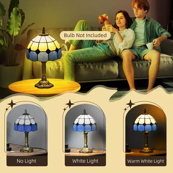 HOMCOM Handmade Art Deco Glass Table Lamp - White/Blue - 5