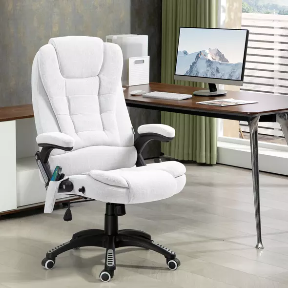 Vinsetto Massage Recliner Chair Heated Office Chair with Six Massage Points Linen-Feel Fabric 360° Swivel Wheels Cream White - 2