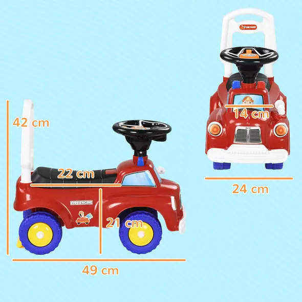 AIYAPLAY Ride On Fire Truck Foot to Floor Design with Under Seat Storage, Steering Wheel, Music, Light, for 1.5-3 Years, Red - 3