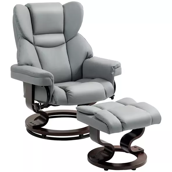 HOMCOM 360° Swivel Recliner Chair with Footstool, PU Leather Manual Recliner Armchair with Footstool, Solid Wood Base, Upholstered Reclining Chair for Living Room, Bedroom, Office, Light Grey - 1