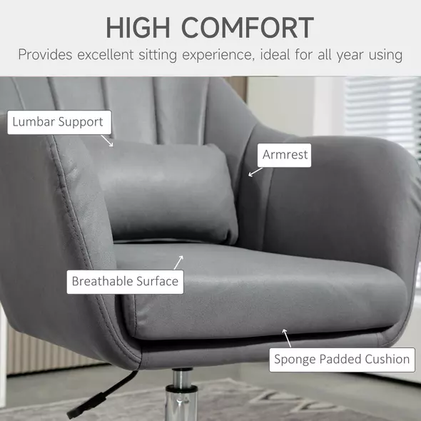 HOMCOM Swivel Microfibre Accent Chair for Living Room Contemporary Vanity Armchair with Adjustable Height Thick Cushion Lumbar Support Armrest for Bedroom Office Dark Grey - 6