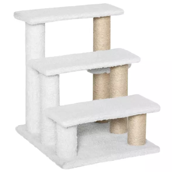 PawHut Pet Stair with 3-step Climb Ladder, Scratching Posts, Platforms, Toy Ball, for Indoor Elderly Cats Kittens, White - 1