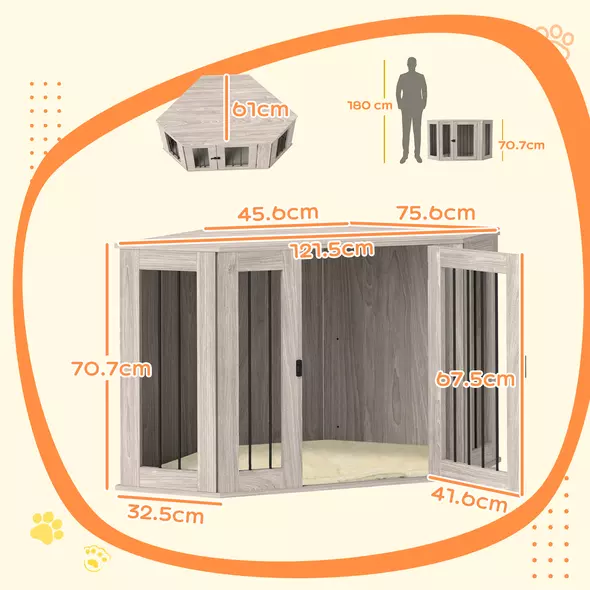 PawHut Dog Crate Furniture Side Table, with Cushion, 122 x 61 x 71cm - Walnut Brown - 3