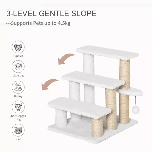 PawHut Pet Stair with 3-step Climb Ladder, Scratching Posts, Platforms, Toy Ball, for Indoor Elderly Cats Kittens, White - 4