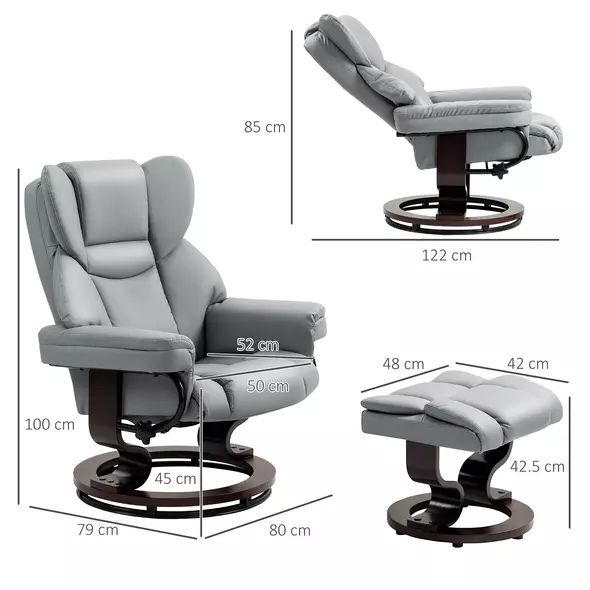 HOMCOM 360° Swivel Recliner Chair with Footstool, PU Leather Manual Recliner Armchair with Footstool, Solid Wood Base, Upholstered Reclining Chair for Living Room, Bedroom, Office, Light Grey - 3