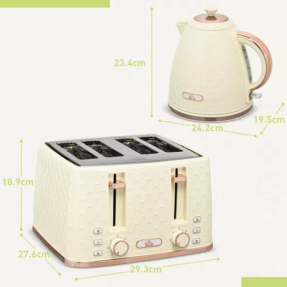 HOMCOM Kettle and Toaster Set, 1.7L 3000W Fast Boil Jug Kettle, 4 Slice Toaster with 7 Level Browning Controls, Beige - 3