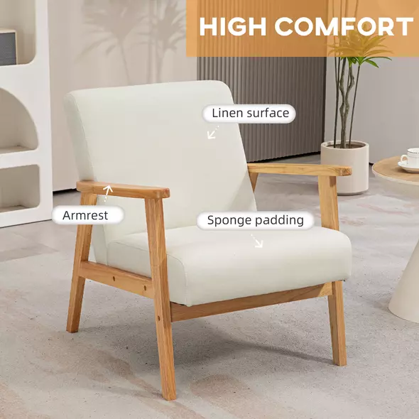 HOMCOM Fabric Accent Chair for Living Room, Arm Chair with Rubber Wood Frame and Padded Cushion, Cream White - 4