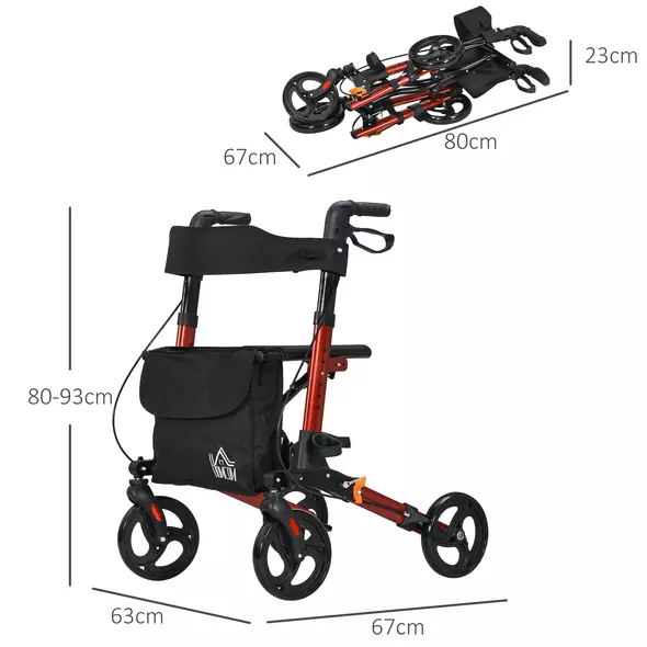 HOMCOM 4 Wheel Rollator with Seat and Back, Folding Mobility Walker with Carry Bag, Adjustable Height, Dual Brakes, Cane Holder, Lightweight Aluminium Walking Frame for Seniors and Disabled, Red - 3