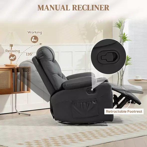HOMCOM Manual Reclining Chair, Recliner Armchair with Swivel, Faux Leather, Footrest, Cup Holders, 86x93x102cm, Black - 4