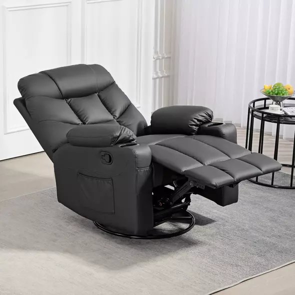 HOMCOM Manual Reclining Chair, Recliner Armchair with Swivel, Faux Leather, Footrest, Cup Holders, 86x93x102cm, Black - 8