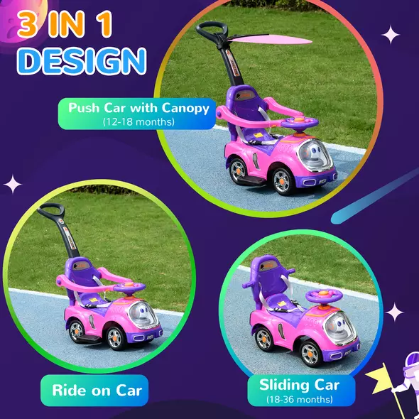 AIYAPLAY 3 in 1 Ride on Push Car, Cartoon Robot Theme Foot to Floor Slider w/ Handle Light Music Horn, Storage - Pink - 4