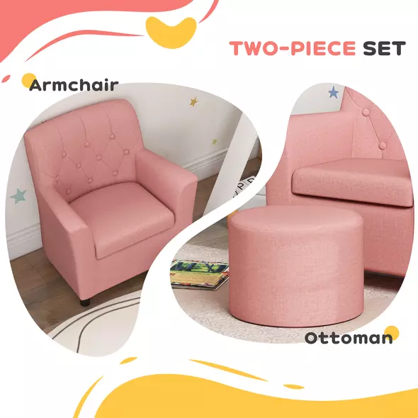 AIYAPLAY 2PCs Kids Sofa Set with Footrest, for Playroom, Bedroom, Pink - 4