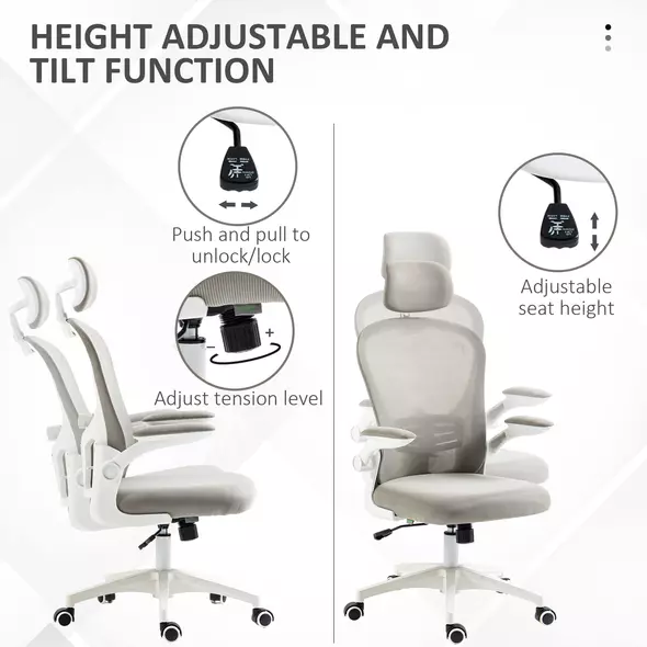Vinsetto Multi-Adjustable Office Chair, with Lumbar Support, Headrest and Mesh Back - Grey - 4