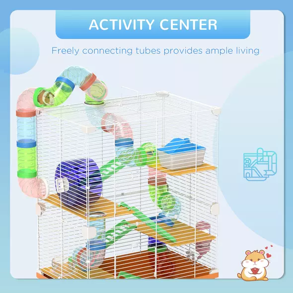 PawHut 5 Tier Hamster Cage Carrier Habitat w/ Exercise Wheels, Tunnel, Orange - 4