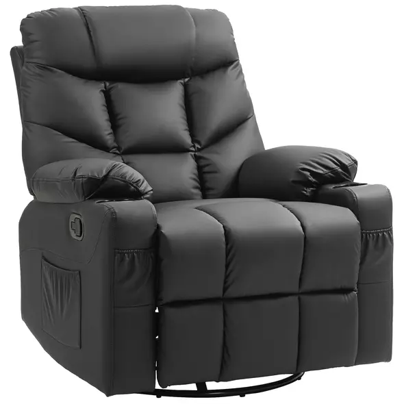 HOMCOM Manual Reclining Chair, Recliner Armchair with Swivel, Faux Leather, Footrest, Cup Holders, 86x93x102cm, Black - 1