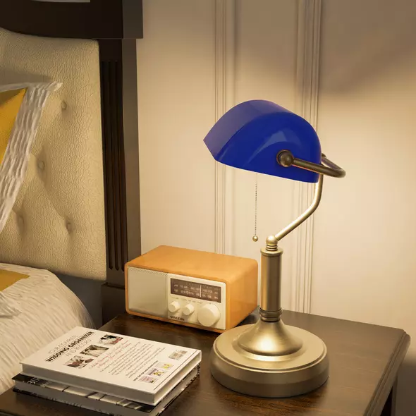 HOMCOM Banker's Desk Lamp with Antique Bronze Tone Base, Table Lamp with Blue Glass Shade for Home Office, Blue - 7