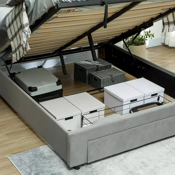 HOMCOM King Size Ottoman Bed Frame, with Front Drawer - Grey - 9