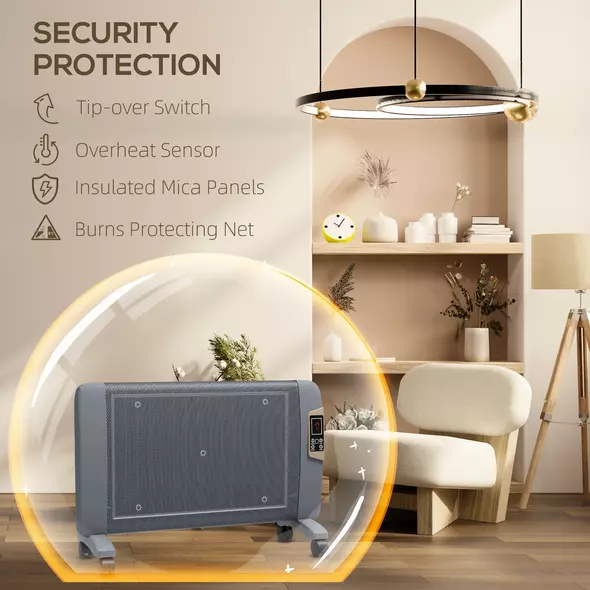 HOMCOM Mica Electric Space Heater, Portable Heater for Home with 2 Heat Settings, Living Room, Study, Garage, Adjustable Temperature 18-30°C, 1000W/2000W, Grey - 4