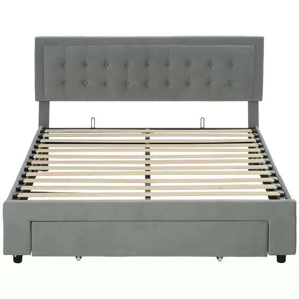 HOMCOM King Size Ottoman Bed Frame, with Front Drawer - Grey - 1