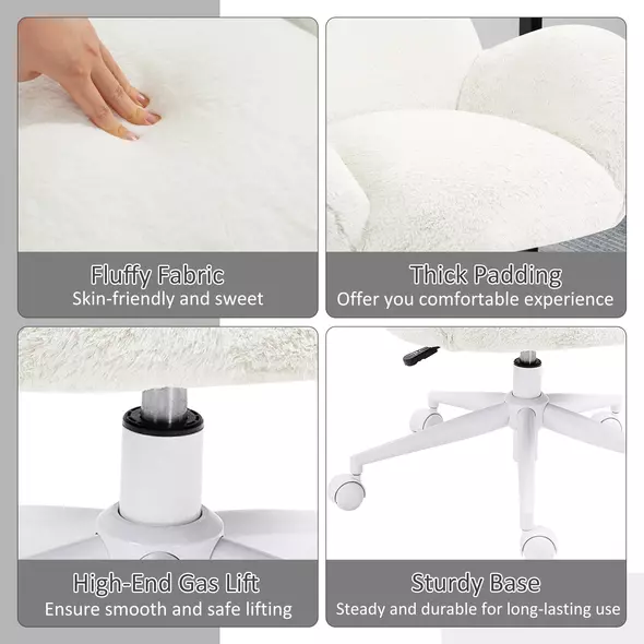 HOMCOM Makeup Vanity Chair, Cute Fluffy Desk Chair with Rolling Wheels for Bedroom Living Room, Cream White - 6