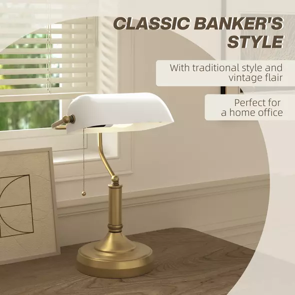 HOMCOM Banker's Desk Lamp with Antique Bronze Tone Base, Table Lamp with White Glass Shade for Home Office, White - 4