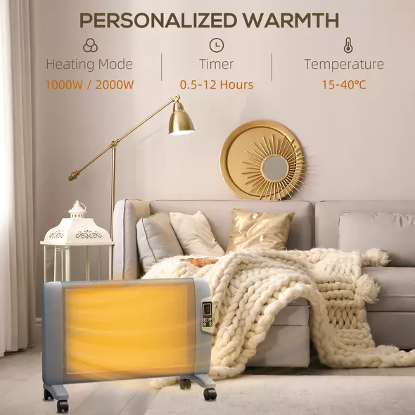 HOMCOM Mica Electric Space Heater, Portable Heater for Home with 2 Heat Settings, Living Room, Study, Garage, Adjustable Temperature 18-30°C, 1000W/2000W, Grey - 5