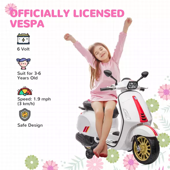 AIYAPLAY 12V Vespa Licensed Kids Electric Motorbike w/ Music, Lights, FM Radio, for 3-6 Years - White - 4