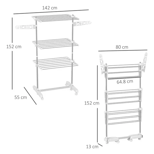 HOMCOM 3-Tier Clothes Airer, Stainless Steel Foldable Clothes Drying Rack with Wheels and Wings, Indoor and Outdoor, Easy Assembly, 142 x 55 x 152cm, White - 3