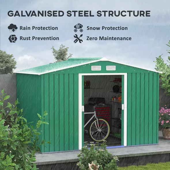 Outsunny 9 x 6ft Metal Garden Shed, Outdoor Storage Tool House with Ventilation Slots, Foundation Kit and Lockable Double Doors, Green - 4