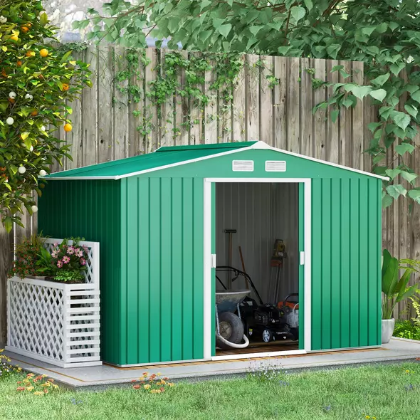 Outsunny 9 x 6ft Metal Garden Shed, Outdoor Storage Tool House with Ventilation Slots, Foundation Kit and Lockable Double Doors, Green - 2